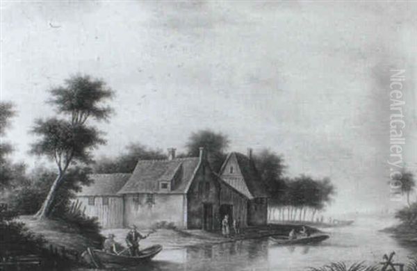 A River Landscape With Figures In A Boat By Cottages, A     Town Beyond Oil Painting by Pieter Gerardus Van Os