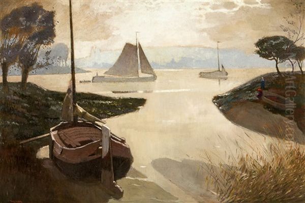 Bateaux Sur L'escault A Sint-amands Oil Painting by Tony Van Os