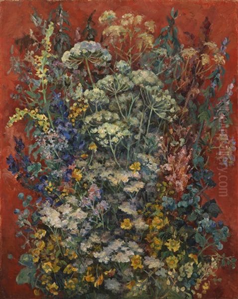 Bouquet Of Flowers On A Red Background Oil Painting by Alexander Alexandrov Osmerkin