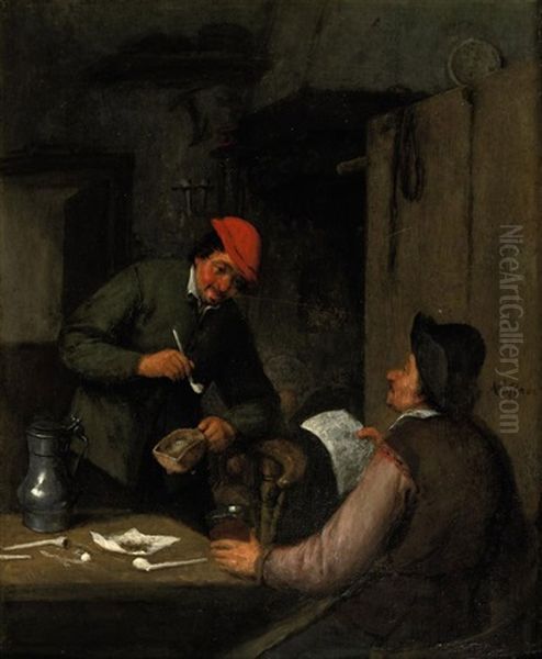 Two Peasants Smoking, Drinking And Reading In An Interior Oil Painting by Adriaen Jansz van Ostade