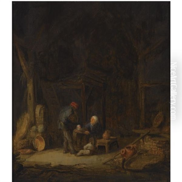 A Barn Interior With A Peasant Couple And Two Small Children, A Still Life Of Kitchenware And Cabbages To The Left, A Large Basket And An Earthenware Jug To The Right Oil Painting by Adriaen Jansz van Ostade
