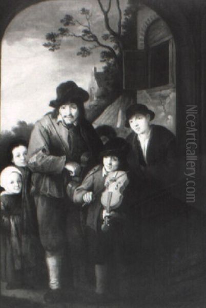 A Beggar With A Hurdy Gurdy And A Boy Playing Violin Oil Painting by Adriaen Jansz van Ostade