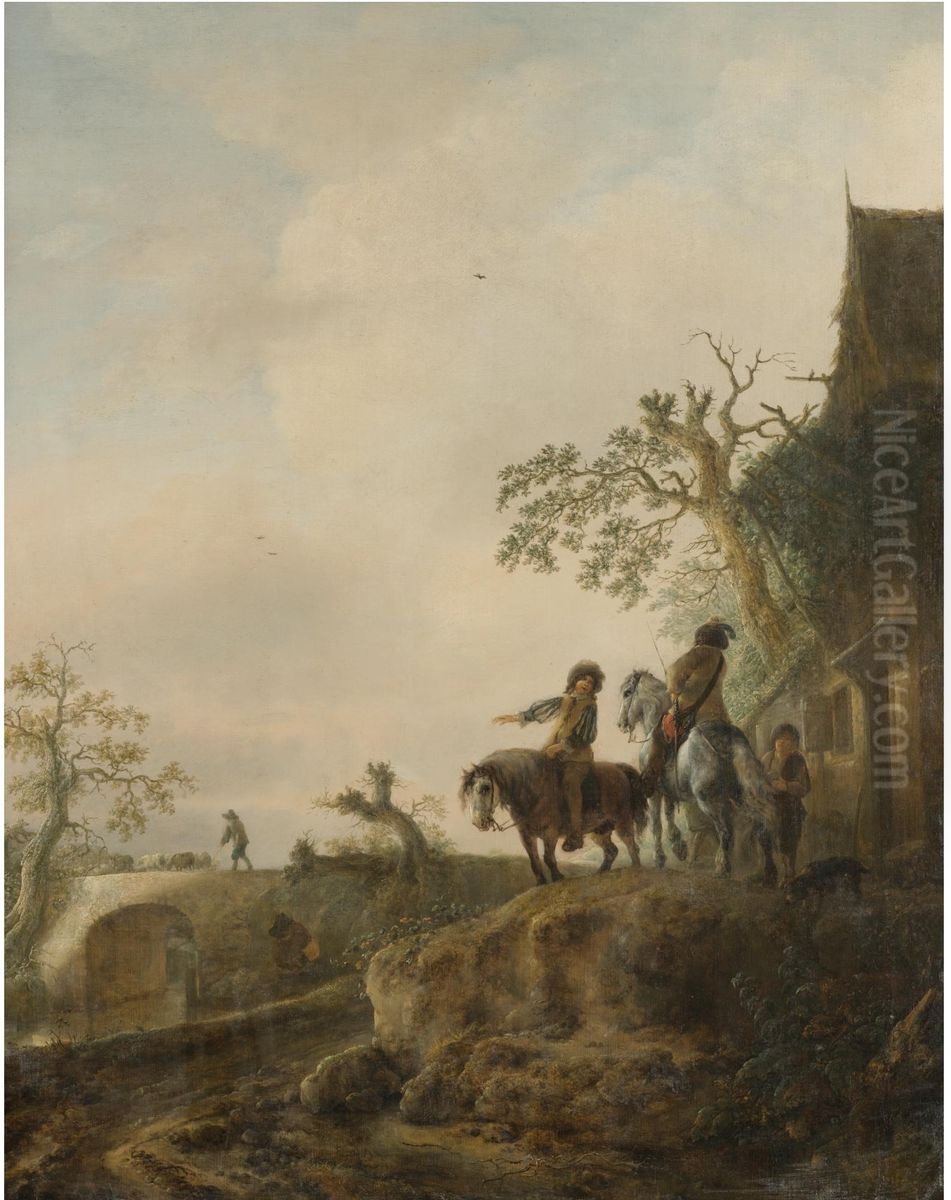 Landscape With Horsemen Halting At An Inn Oil Painting by Isaac Van Ostade