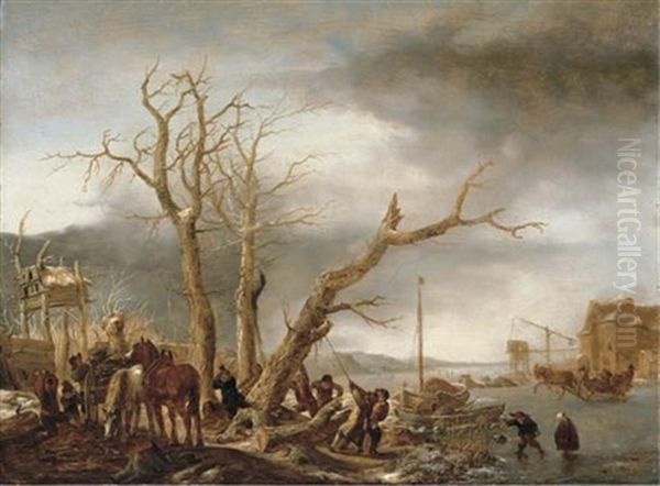 A Frozen River Landscape With Woodsmen Felling A Tree, A Water Mill Beyond Oil Painting by Isaac Van Ostade