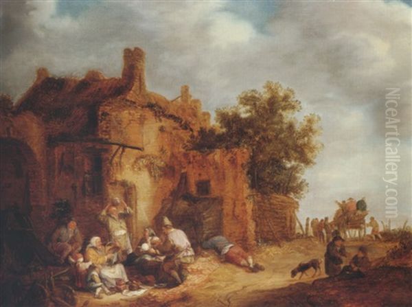 Peasants Eating Before A Tumbledown Cottage At The Side Of A Road Oil Painting by Isaac Van Ostade
