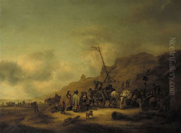 An Elegant Couple At The Fishmonger's On The Beach Oil Painting by Isaac Van Ostade