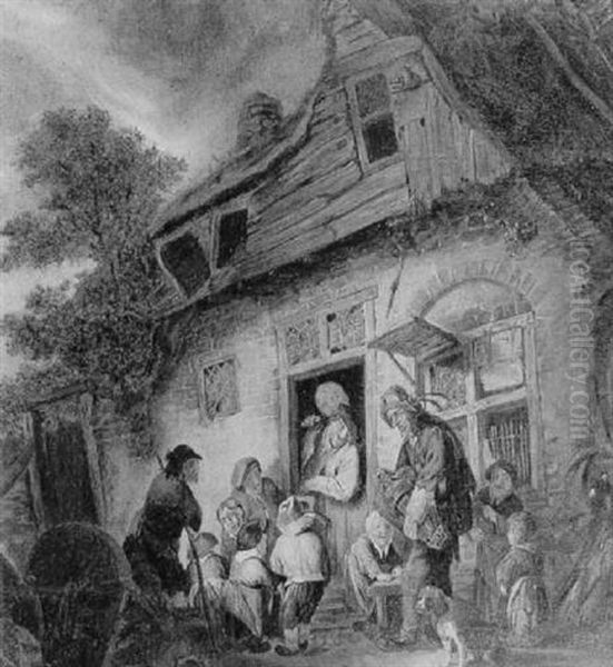 The Hurdy-gurdy Player With Children And Figures Ouside An Inn Oil Painting by Isaac Van Ostade