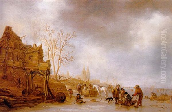 A Winter Landscape With Villagers On A Frozen Waterway Oil Painting by Isaac Van Ostade