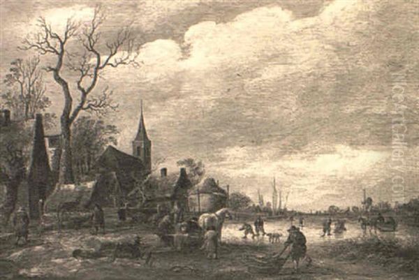 A Winter Landscape With Peasants On A Frozen River Oil Painting by Isaac Van Ostade