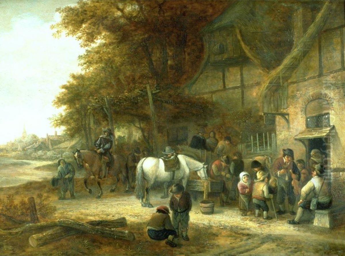 Travellers Halting At An Inn Oil Painting by Isaac Van Ostade