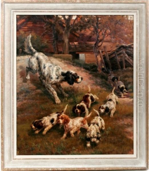 Hunting Dog With 7 Puppies Oil Painting by Edmund Henry Osthaus