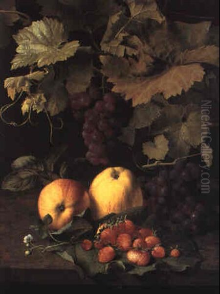 Druer, Aebler Og Jordbaer Pa Et Skraeppeblad Pa En Karm Oil Painting by Otto Didrik Ottesen