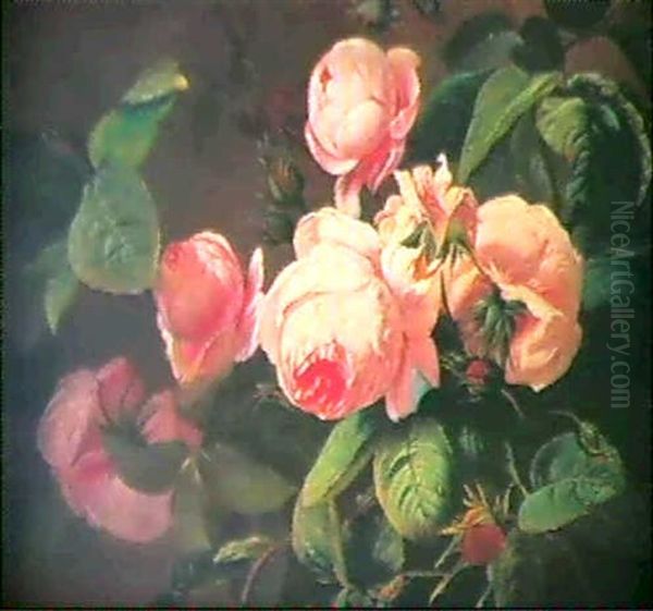 Rode Mosroser Med Dugdraber Oil Painting by Otto Didrik Ottesen