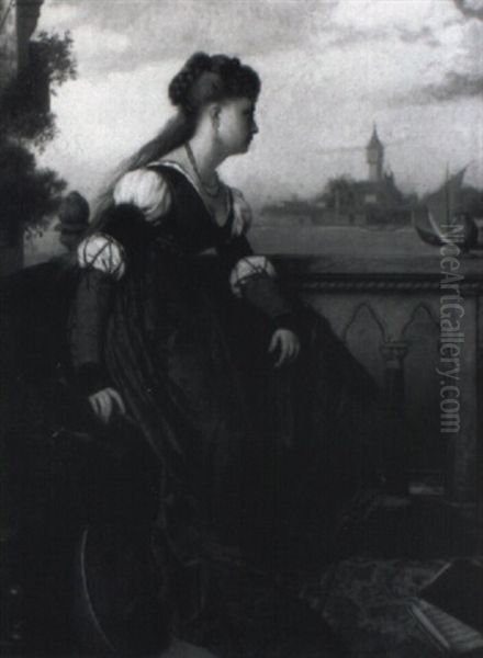 Woman In Medieval Dress Resting From Playing Her Instrument Oil Painting by Pierre Jan van der Ouderaa