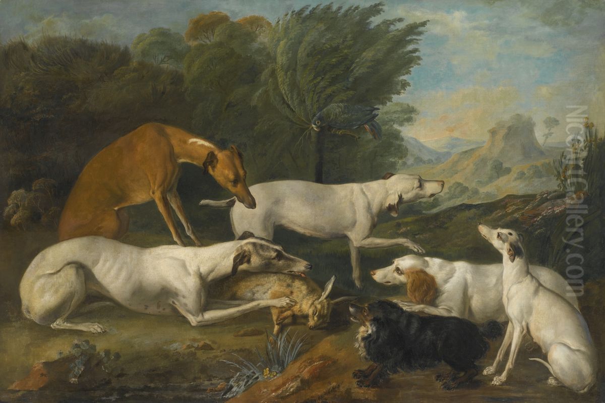 Dogs In A Landscape With Their Catch Oil Painting by Jacques Charles Oudry