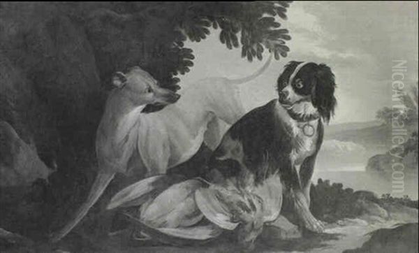 A Long Dog And A Spaniel With A Duck And A Partridge In A   Landscape Oil Painting by Jacques Charles Oudry
