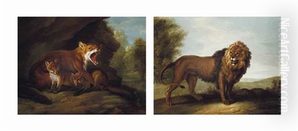A Fox And Her Cubs And A Lion In A Landscape (2 Works) Oil Painting by Jean-Baptiste Oudry