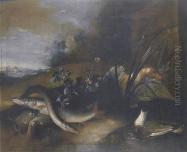 A Perch, A Pike, An Eel And Other Fish On An Embankment With Ducks In A Landscape Oil Painting by Jean-Baptiste Oudry