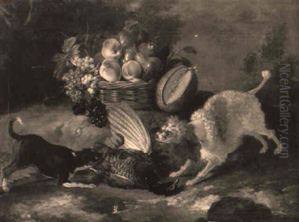 Chien Terrier Et Chien Barbet Montant La Garde Aupres D'un Faisan Mort Oil Painting by Jean-Baptiste Oudry