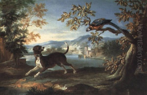Chien Et Perroquet Dans Un Paysage De Riviere Oil Painting by Jean-Baptiste Oudry