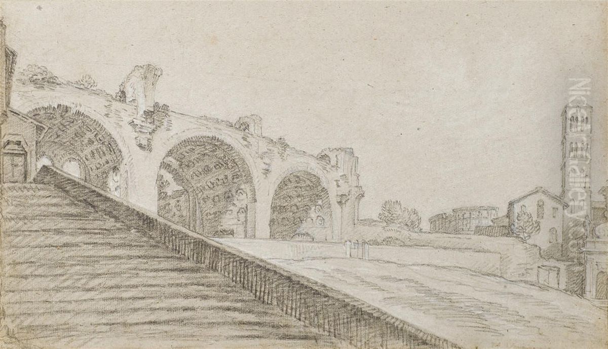 Vue Des Vestiges De La Basilique De Maxence Et De Constantin A Rome Avec Le Colisee A L'arriere-plan Oil Painting by Louis Gabriel Blanchet