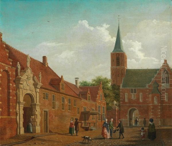 Figures In A Town Square Oil Painting by Isaac Ouwater