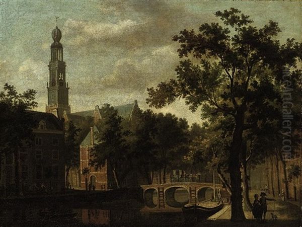 A Dutch Canal Landscape With A Carriage Crossing A Bridge Oil Painting by Isaac Ouwater