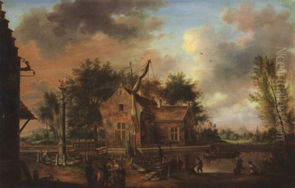 Fogado A Szokello Szarvashoz Szt. Mihaly Kutnal (hostelry To The Vaulting Deer By The St. Michael Well) Oil Painting by Isaac Ouwater