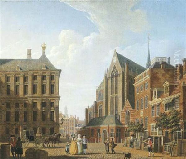 The Dam, Amsterdam, With The Town Hall On The Left And The Nieuwe Kerk On The Right Oil Painting by Isaac Ouwater
