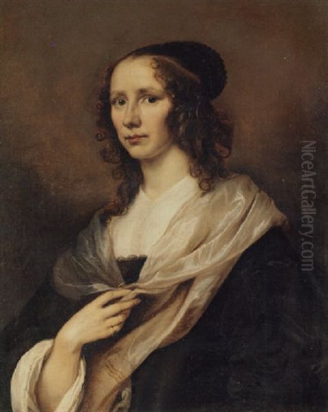 Portrait Of A Lady In A Black Dress With A White Chemise, Cuffs And Mantle Oil Painting by Juergen Ovens