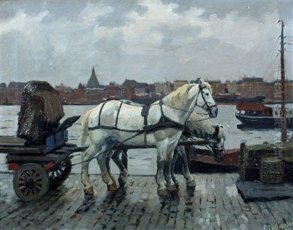 Sleperswagen Op De Kade Oil Painting by Gijsbertus Johannes Van Overbeek