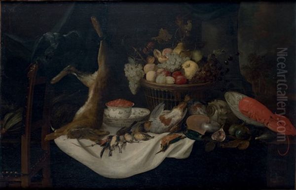 Lievre, Corbeille De Fruits Et Gibier Avec Un Perroquet, Un Bol De Fraises Et Un Nautile Sur Une Table Oil Painting by Pieter van Overschee