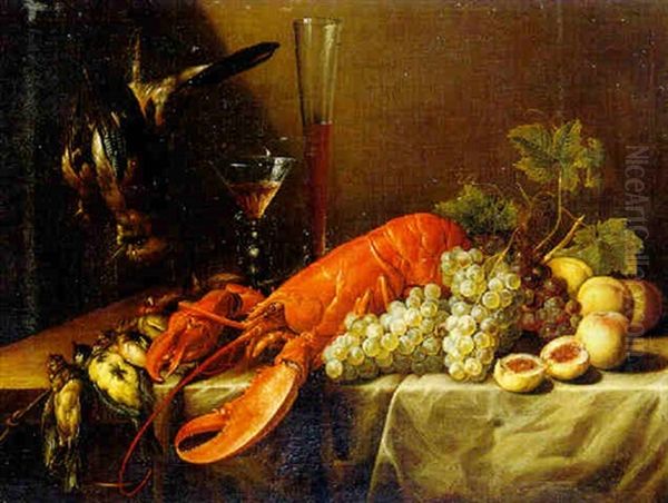 Still Life With A Lobster, Game, Grapes, Peaches, A Wine Glass And A Glass Flute, All Resting On A Draped Table Oil Painting by Pieter van Overschee