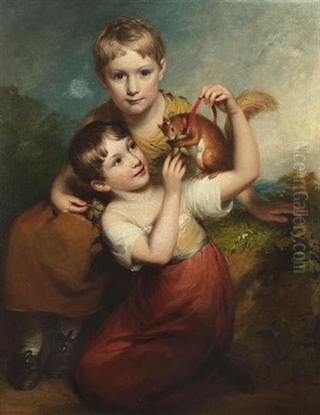 Two Young Boys Playing With A Red Squirrel Oil Painting by William Owen
