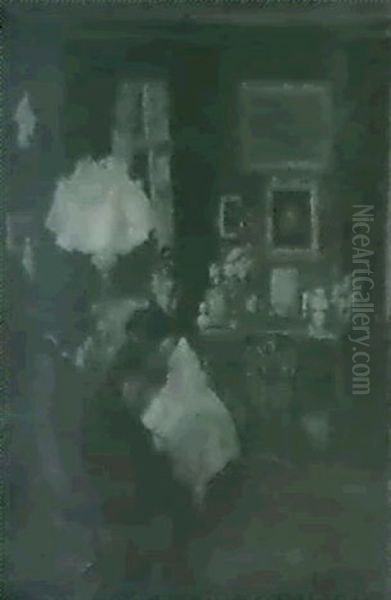 Interieur Mit Nahender Frau Bei Lampenlicht Oil Painting by Charlotte Oxholm