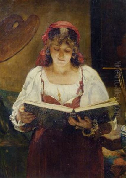 An Italian Beauty Looking At An Album In The Artist's Studio Oil Painting by Pierre Oyens