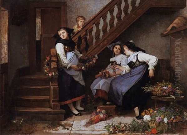 Preparing The Garlands Oil Painting by Camille Aflred Pabst