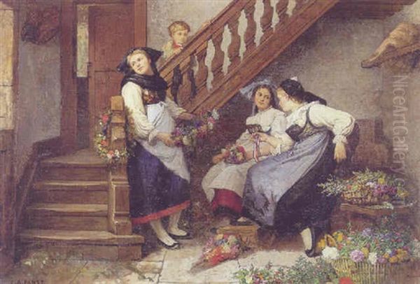 Unge Piger Binder Blomsterguirlander Oil Painting by Camille Aflred Pabst