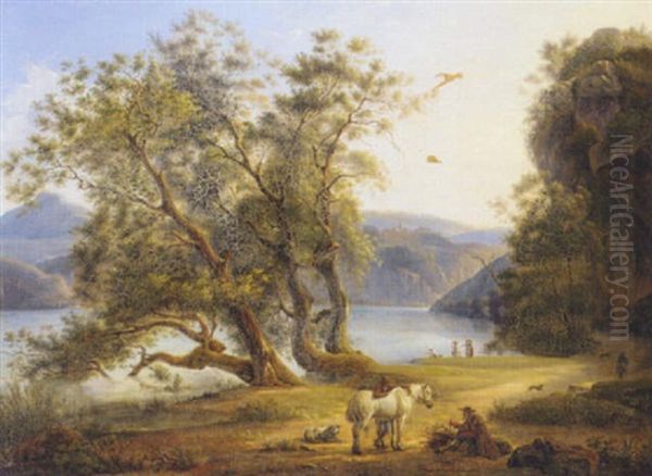 By The Shore Of Lake Castel Gandolfo Oil Painting by Michelangelo Pacetti