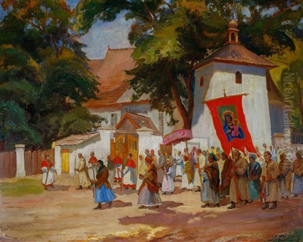 Procesja Przed Kosciolem W Modlnicy Oil Painting by Stanislaw Paciorek