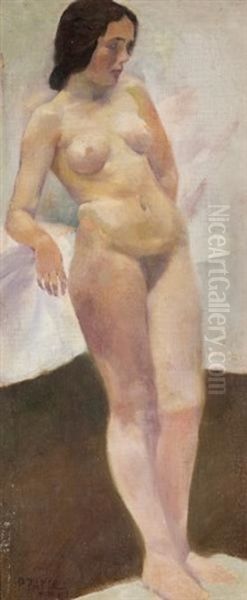 Stehender Weiblicher Akt (+ Landschaft (study), Verso) Oil Painting by Paul Paede