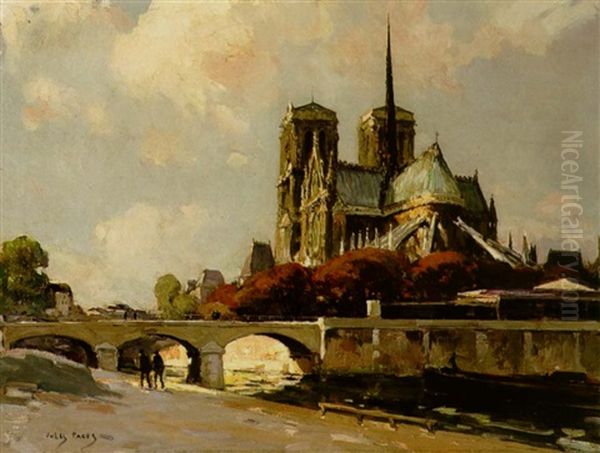 A View Of Notre Dame, Paris Oil Painting by Jules Eugene Pages