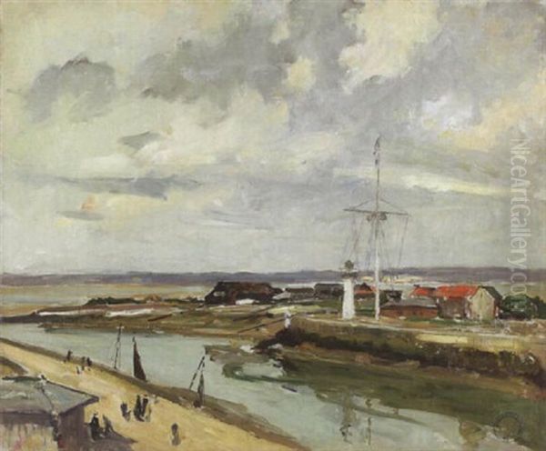 A Channel With A Lighthouse On Shore Oil Painting by Jules Eugene Pages