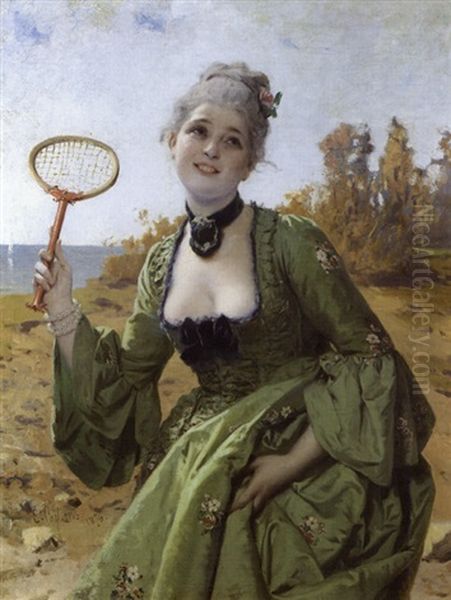 Giocando A Volano (+ Giocando A Volano; Diptych) Oil Painting by Eleuterio Pagliano