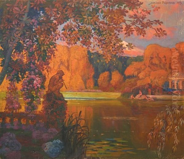Paysage Imaginaire, Statue Et Baigneuses Oil Painting by Jean-Louis Paguenaud