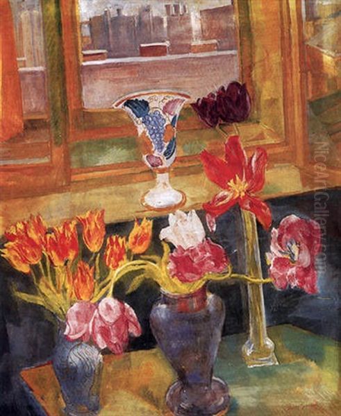 Viragos Csendelet Ablak Elott Oil Painting by Jenoe Paizs Goebel