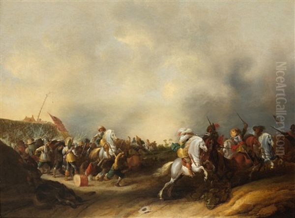 A Cavalry Skirmish Oil Painting by Palamedes Palamedesz. (Stevaerts, Stevens)