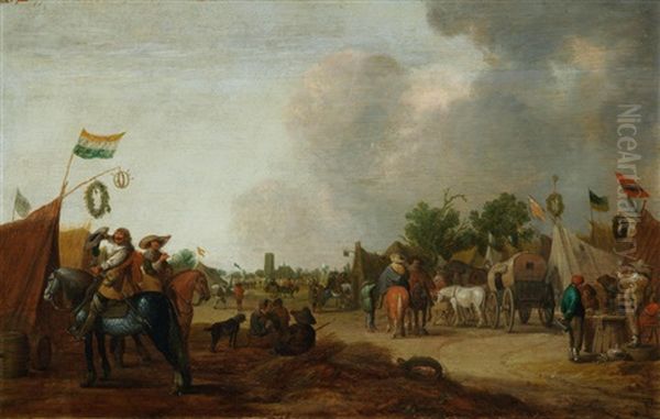 A Military Encampment Oil Painting by Palamedes Palamedesz. (Stevaerts, Stevens)