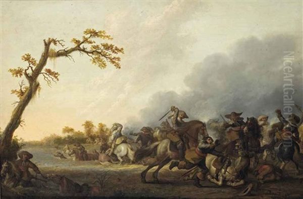 A Cavalry Skirmish With Horsemen Retreating Into A River To The Left Oil Painting by Palamedes Palamedesz. (Stevaerts, Stevens)