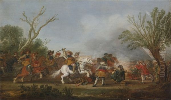 A Military Engagement Oil Painting by Palamedes Palamedesz. (Stevaerts, Stevens)